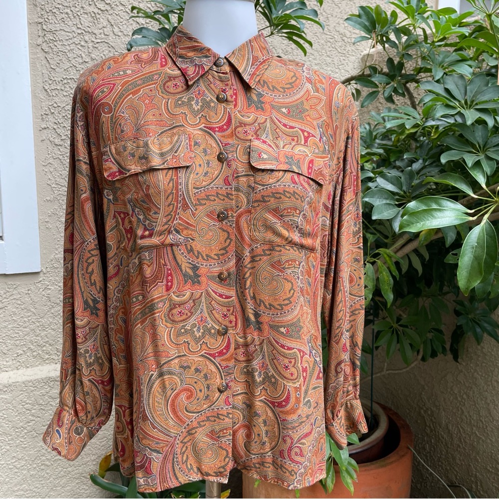 Vintage multicolored Liz Claiborne rayon button down blouse - Picture 7 of 12